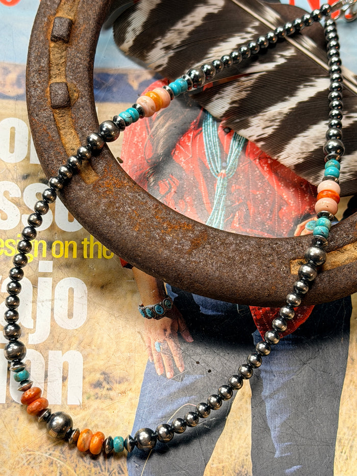 Authentic Turquoise, Pink Conch and Spiny Necklace