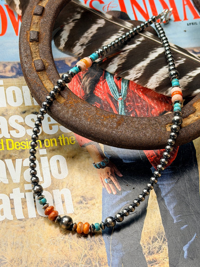 Authentic Turquoise, Pink Conch and Spiny Necklace