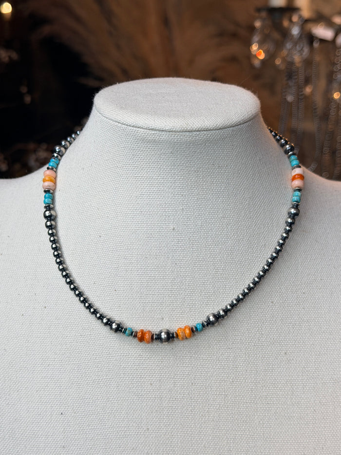 Authentic Turquoise, Pink Conch and Spiny Necklace