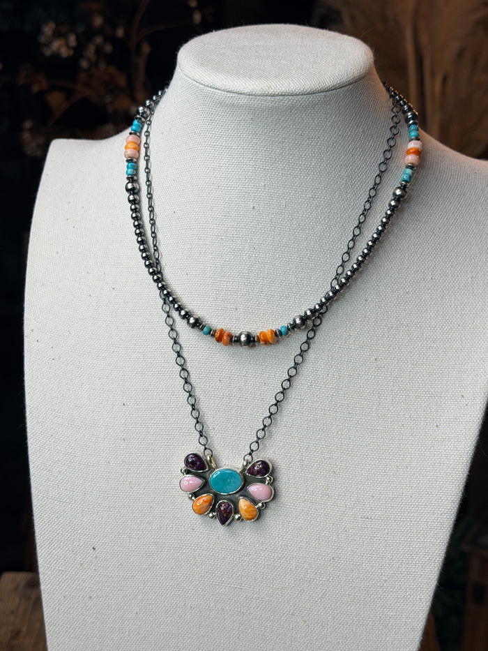 Authentic Turquoise, Pink Conch and Spiny Necklace