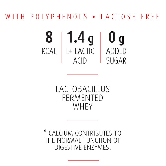 Nutritional information card for lactose-free product with polyphenols, kcal, L+ lactic acid, and added sugar content.