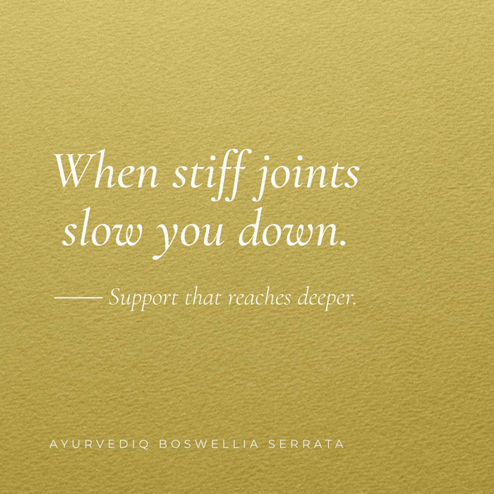 A square graphic with a textured mustard-yellow background and white text reading, 'When stiff joints slow you down. Support that reaches deeper.
