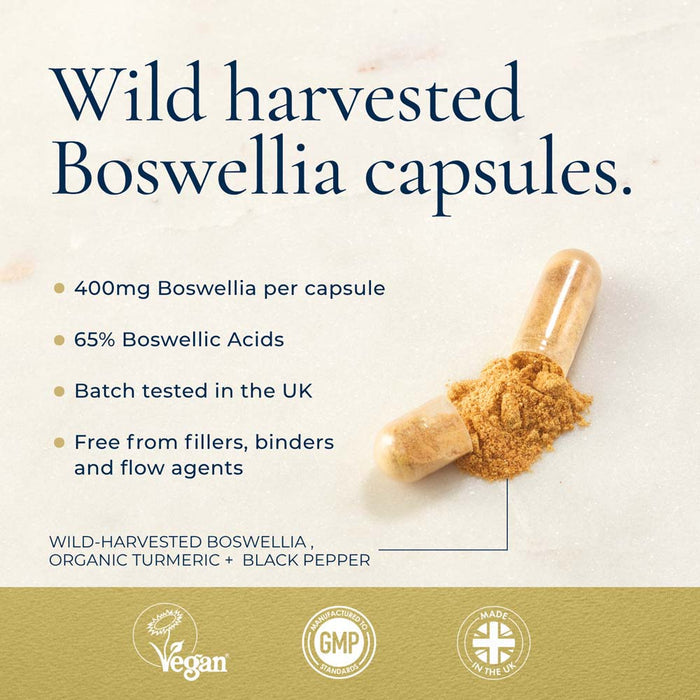Wild harvested Boswellia capsules with a graphic showing a clear capsule filled with golden-brown powder and labeled text detailing product benefits and certifications.