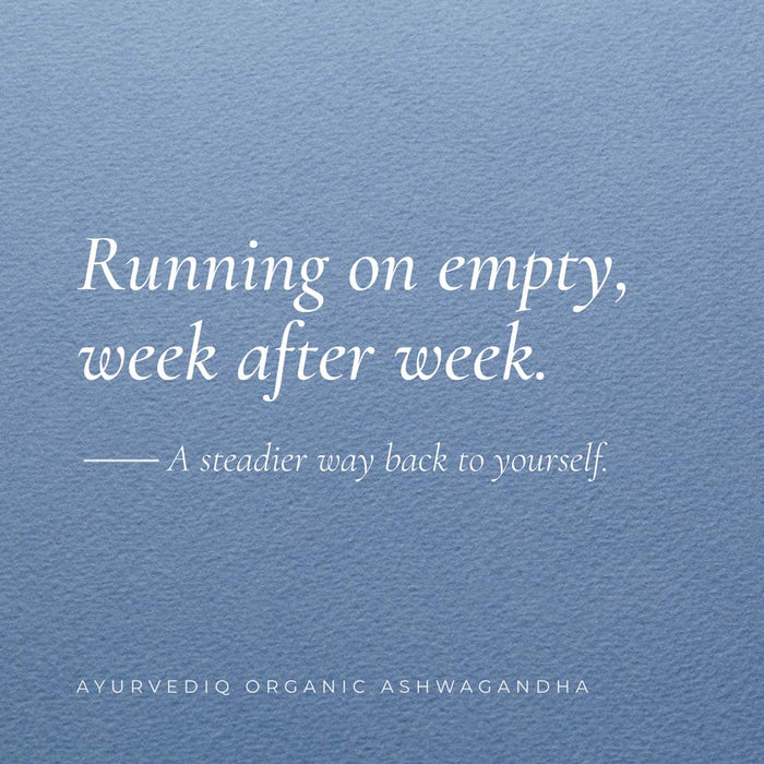 A square blue textured background with white text reading, 'Running on empty, week after week. - A steadier way back to yourself.'