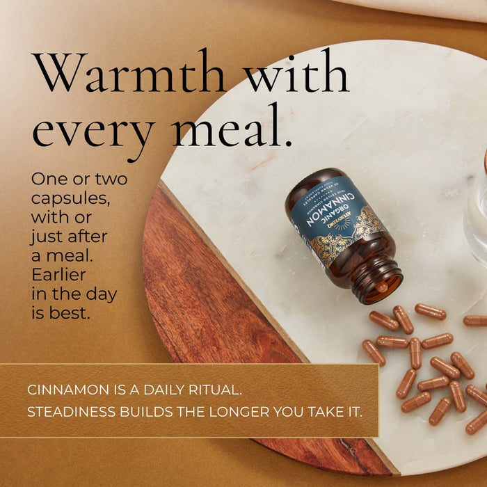 Ayurvediq Organic Cinnamon bottle, capsules and text reading 'warmth with every meal.'