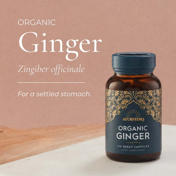 Ayurvediq Organic Ginger food supplement bottle. White text on the left reads 'Organic Ginger Zingiber officinale For a settled stomach.'