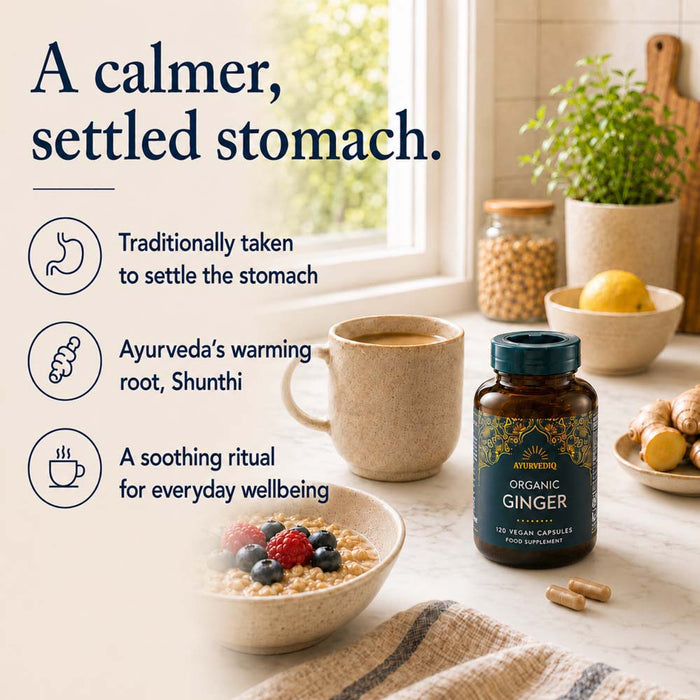 A bottle of Ayurvedic Organic Ginger food supplement displayed on a kitchen counter next to a bowl of oats, a mug of tea, and ginger root, with text overlays describing its benefits.