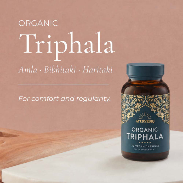 Ayurvedic Organic Triphala supplement bottle with ingredients.