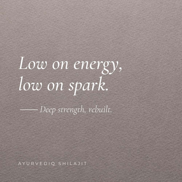 A square quote graphic with a textured taupe-gray background and white serif text reading, 'Low on energy, low on spark. - Deep strength, rebuilt.