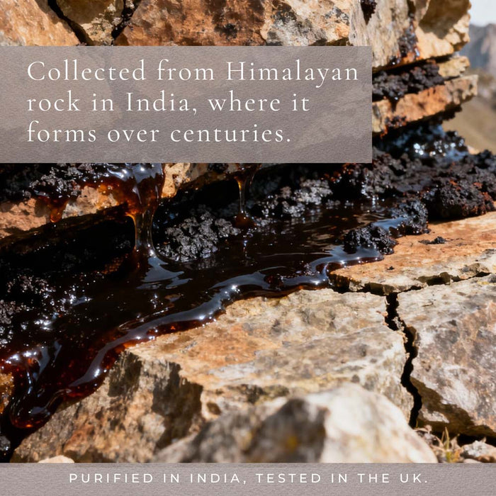 Dark amber resin or honey pooling on rough rock in an outdoor setting, with overlaid text reading 'Collected from Himalayan rock in India, where it forms over centuries.' and 'PURIFIED IN INDIA, TESTED IN THE UK.