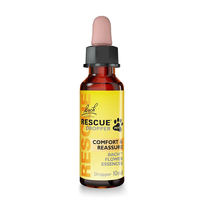 A 10ml dropper bottle of Bach Rescue Pet Comfort & Reassurance essential oil on a white background.