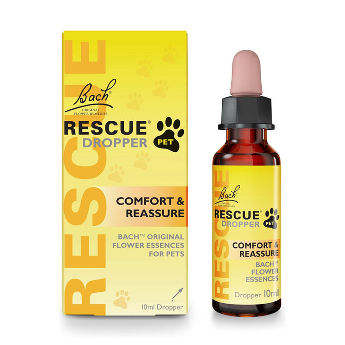 Bach Rescue Dropper Pet Comfort & Reassure flower essence, shown with its yellow packaging box and amber glass dropper bottle on a white background.