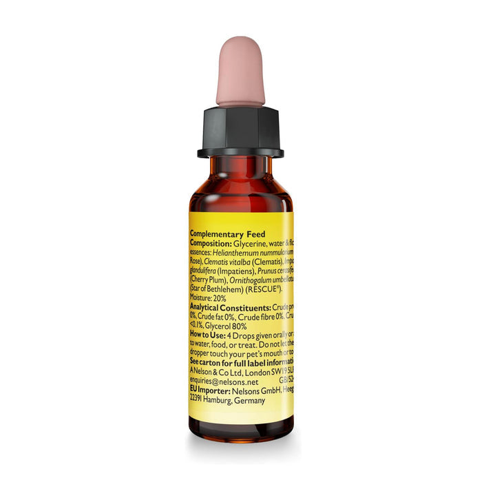 An amber glass dropper bottle of Holozoon Belleruminum (RESCUE) complementary feed, showing the yellow back label with black text, on a white background.