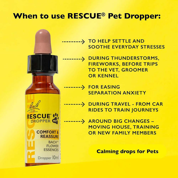Bach Rescue Pet Dropper bottle on a bright yellow background with usage text and arrows explaining when to use the calming drop.