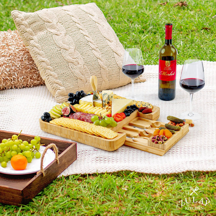 Bamboo Cheese Board with Cutlery & Drawer