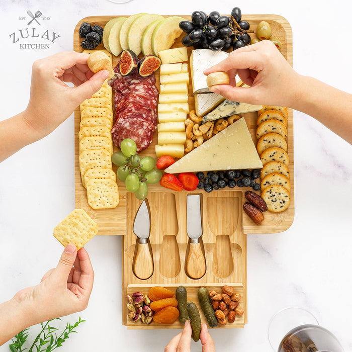 Bamboo Cheese Board with Cutlery & Drawer