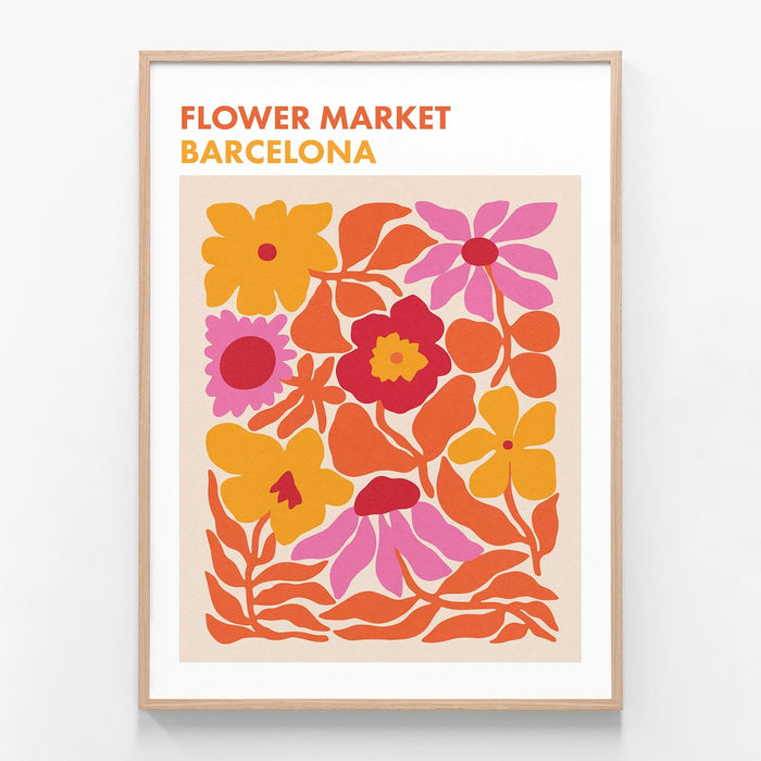 Barcelona Flower Market oak framed print
