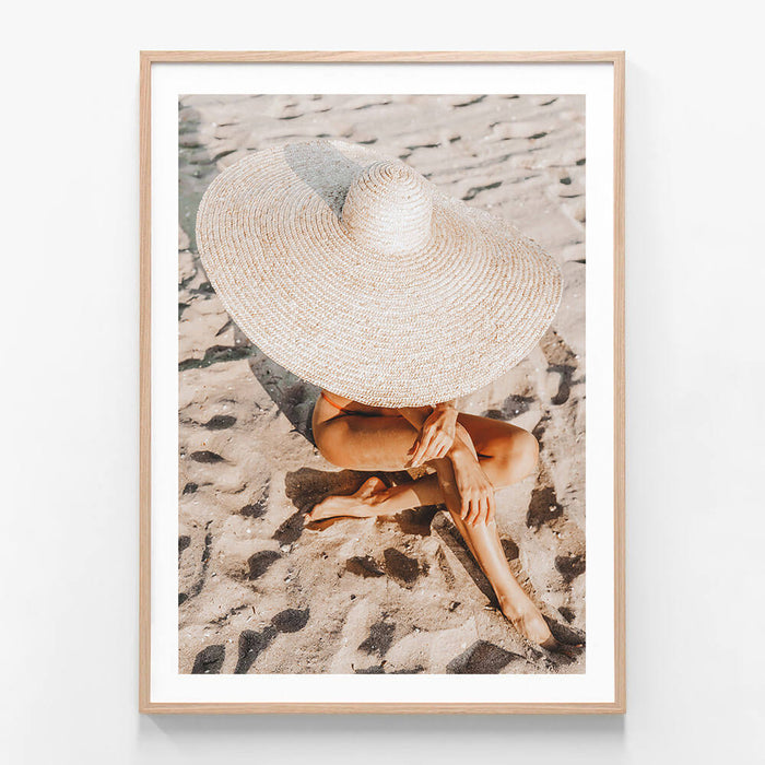 Beach Hat wall art print in oak frame