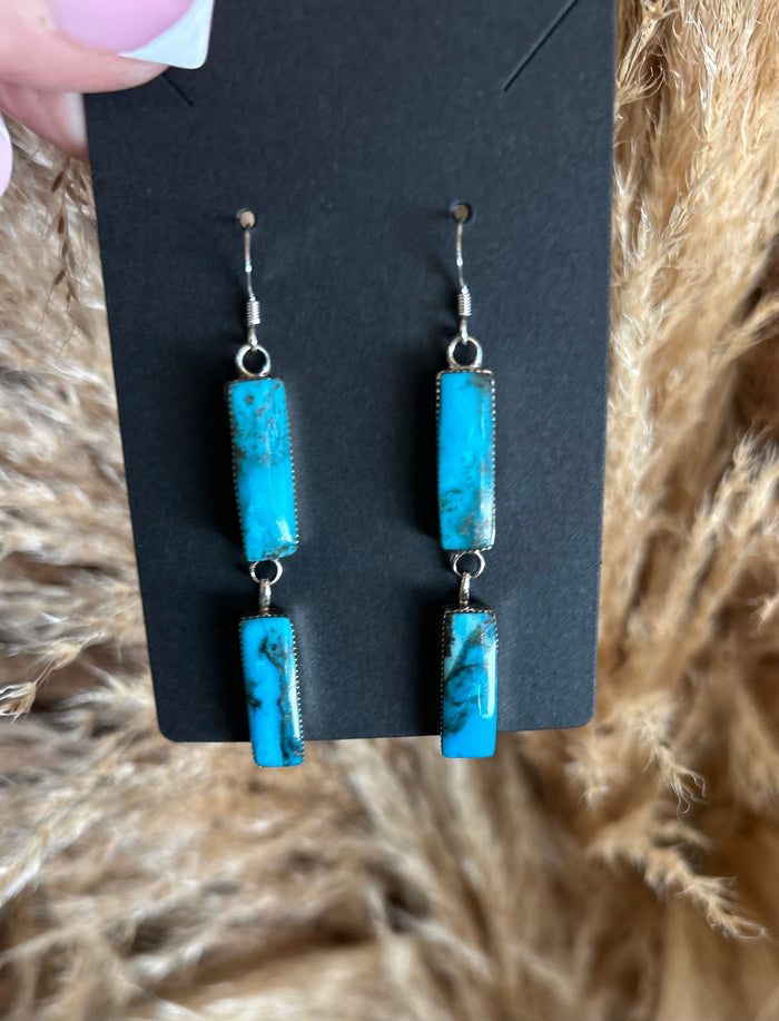 Beautiful Native Made Two Stone Turquoise Earrings by Tsosie