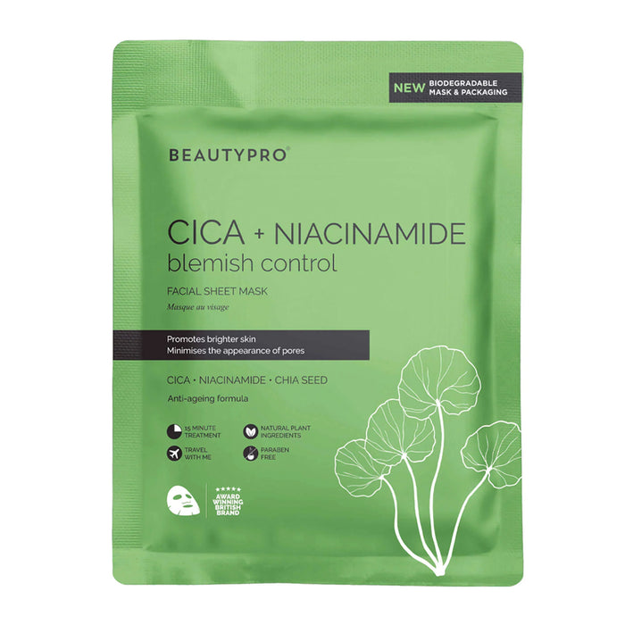 Green facial sheet mask packaging with 'BEAUTYPRO' branding on a white background