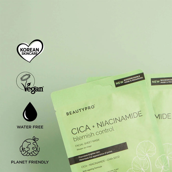 BEAUTYPRO CICA + NIACINAMIDE sheet masks with brand logo and product details on a light green background.