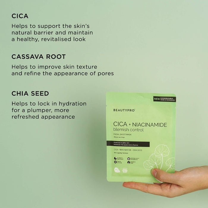 Hand holding a green facial sheet mask with text about CICA, Cassava Root, and Chia Seed benefits on a light green background.