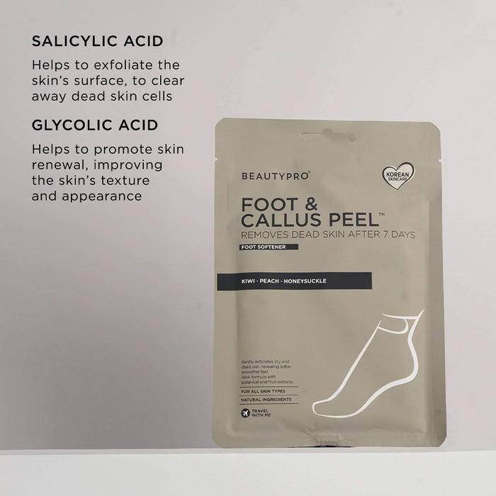 Foot and callus peel packaging with text about salicylic and glycolic acids on a gray background