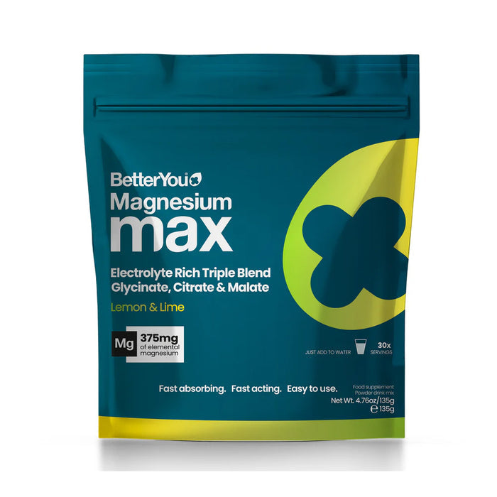 BetterYou Magnesium Max electrolyte supplement pouch in lemon and lime flavour.