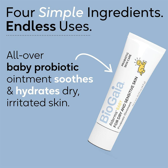BioGaia baby ointment tube with text on a blue background