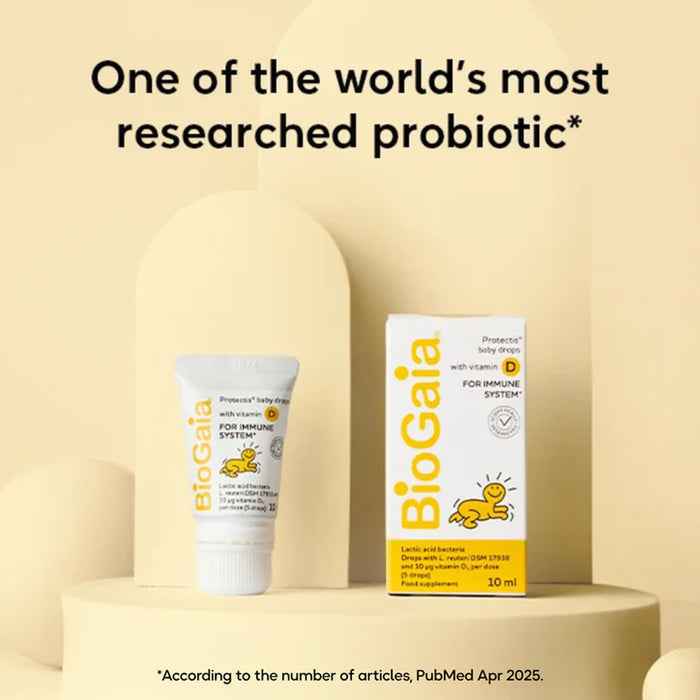 BioGaia probiotic product on a beige background with text about research.