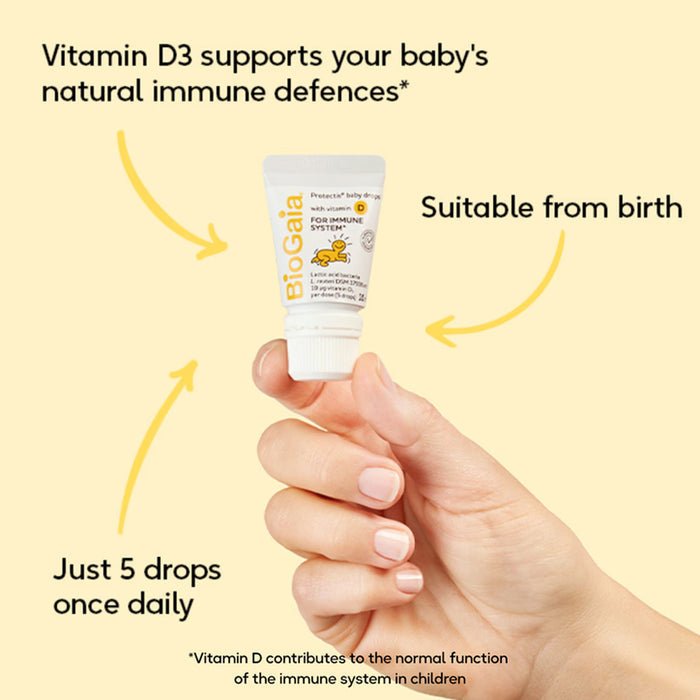 Hand holding a BioGaia vitamin D3 supplement with text about its benefits on a yellow background