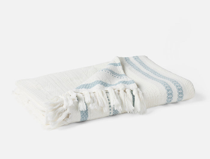 Bonita Organic Throw - Coyuchi | Soft White w/Pacific Blue