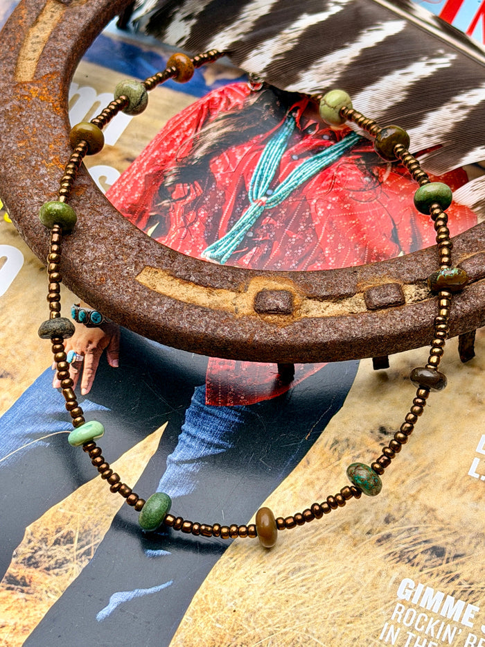 Bronze Seed Bead Necklace with Real Turquoise