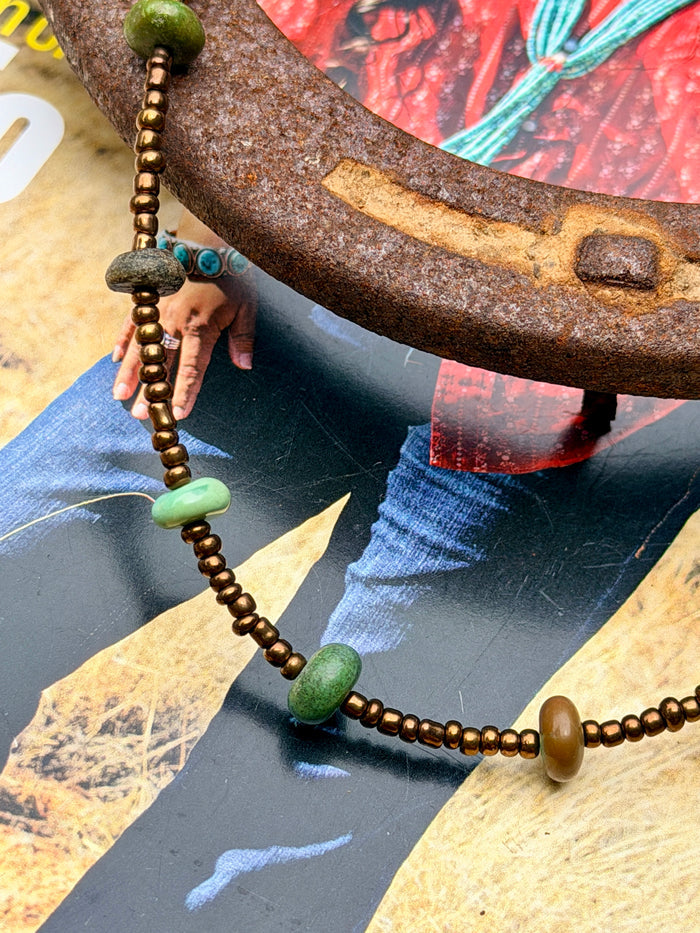 Bronze Seed Bead Necklace with Real Turquoise