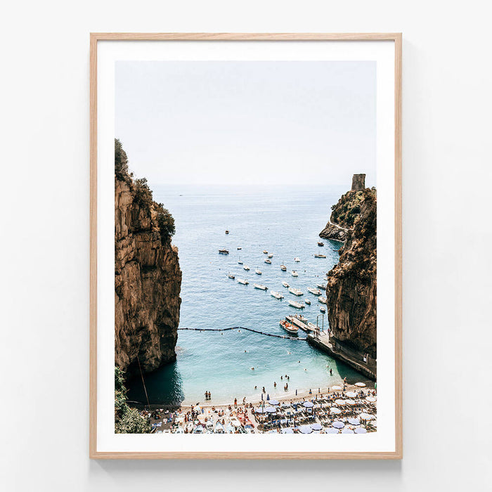 Campania Beach wall art print in oak frame