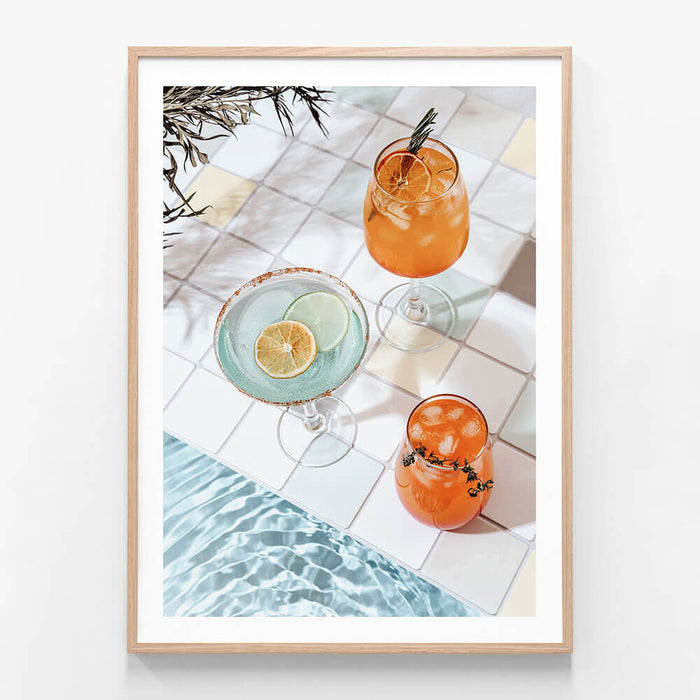 Cocktail Trio wall art print in oak frame