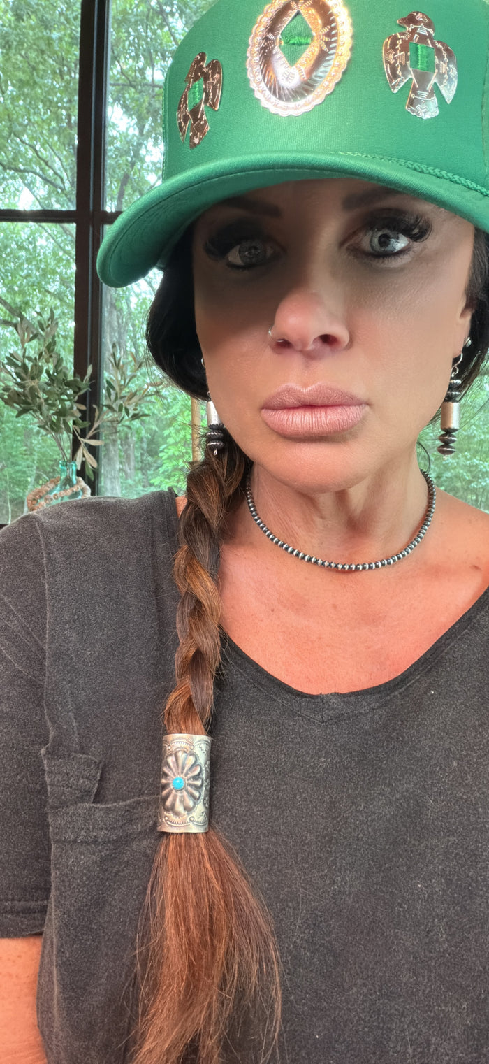 Concho and Turquoise Hand Stamped Braid Keepers 1.5”