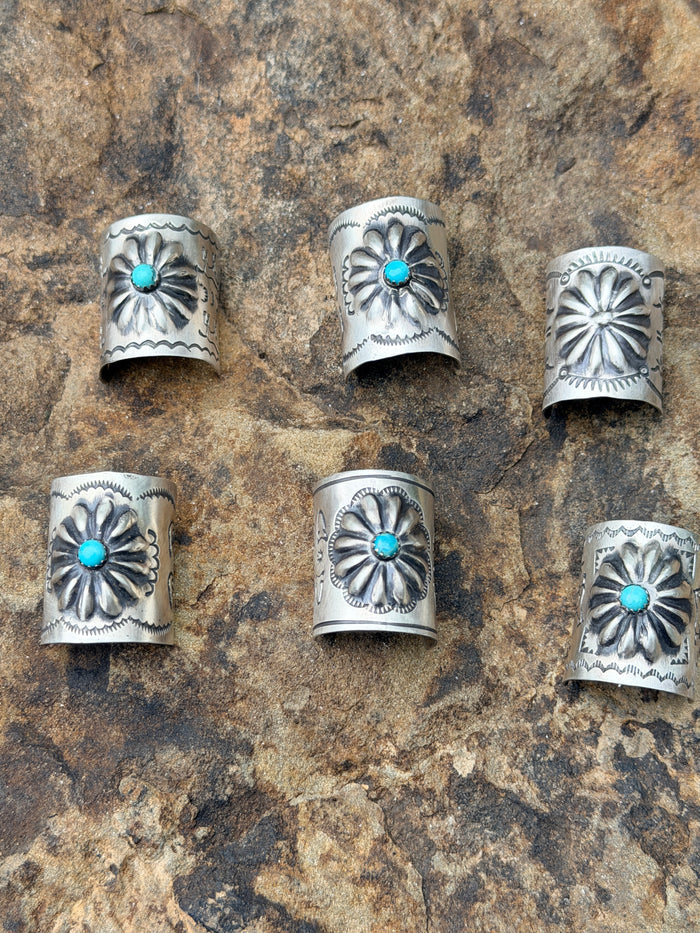 Concho and Turquoise Hand Stamped Braid Keepers 1”
