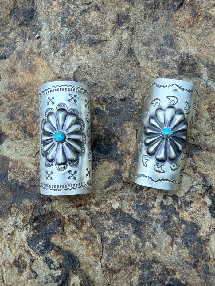 Concho and Turquoise Hand Stamped Braid Keepers 2”