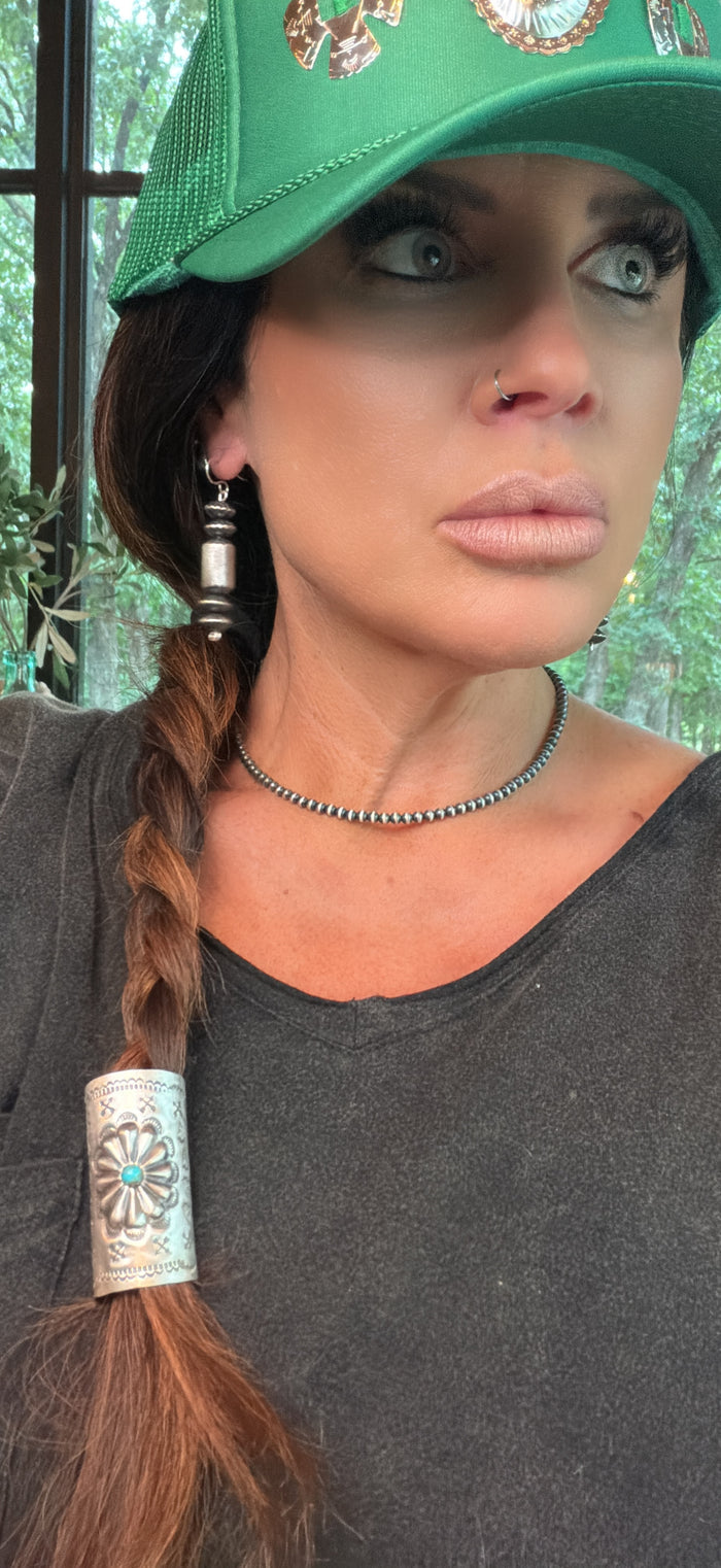 Concho and Turquoise Hand Stamped Braid Keepers 2”