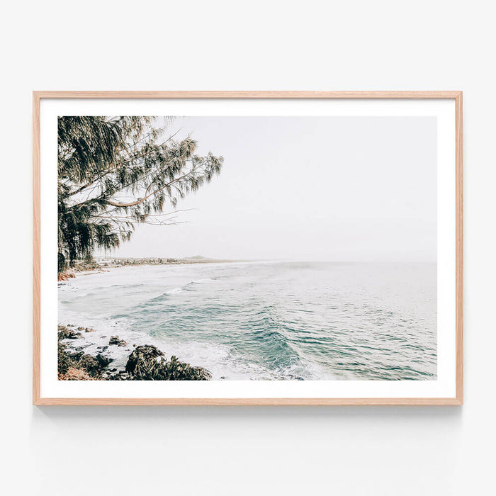 The beach at Coolum framed wall art print in oak frame