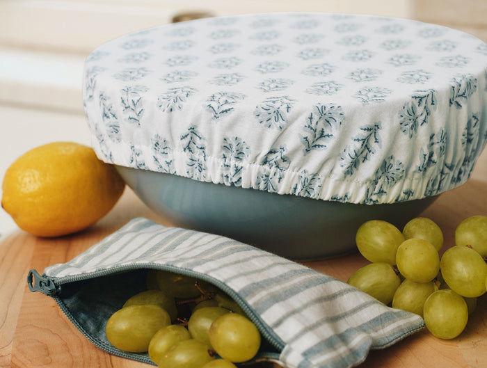 Coyuchi Conserve Organic Bowl Covers - Coyuchi | Dew Chrysanthemum/Surf Chambray