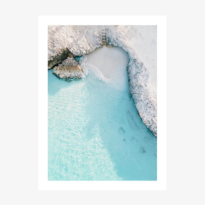 A photo wall art print featuring and overhead shot of crystal beach cove