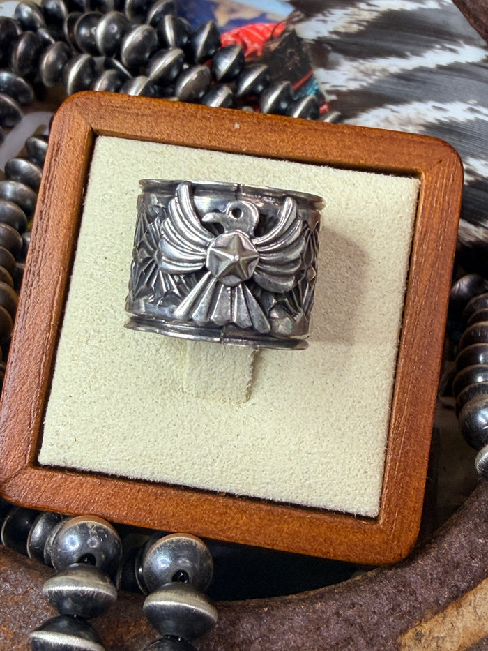 Delayne Reeves Handmade Navajo Sterling Silver Wide Band Ring Thunderbird size 7