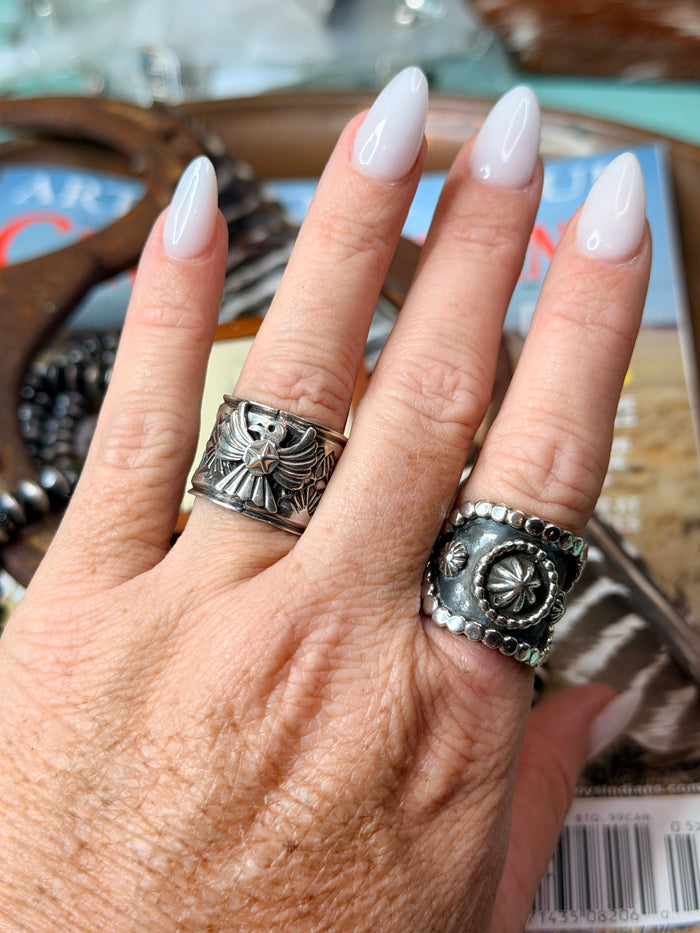 Delayne Reeves Handmade Navajo Sterling Silver Wide Band Ring Thunderbird size 7