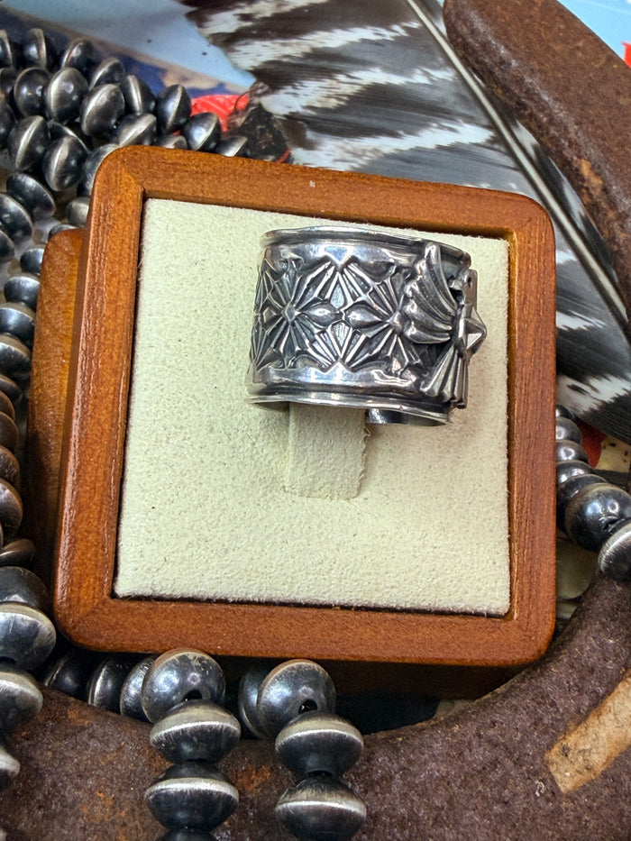 Delayne Reeves Handmade Navajo Sterling Silver Wide Band Ring Thunderbird size 7