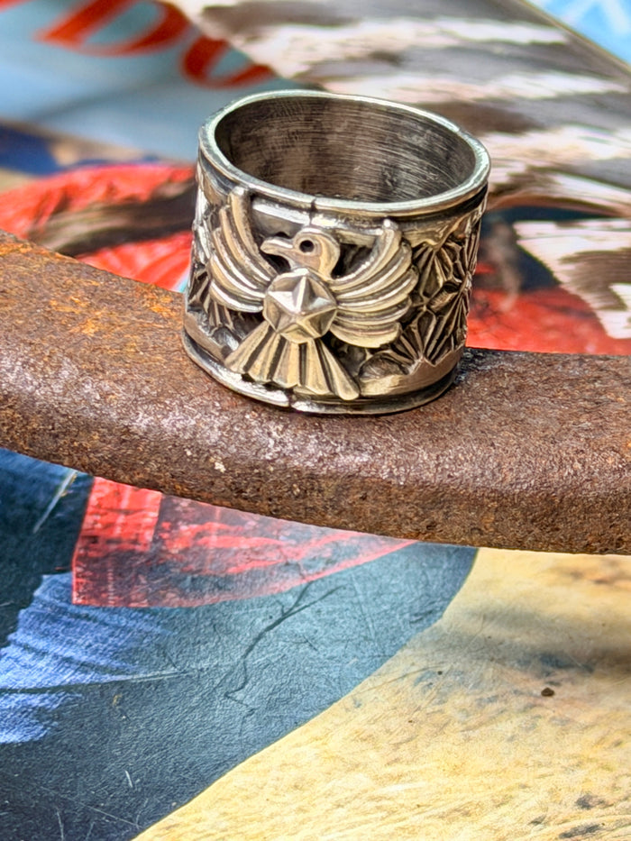 Delayne Reeves Handmade Navajo Sterling Silver Wide Band Ring Thunderbird size 7