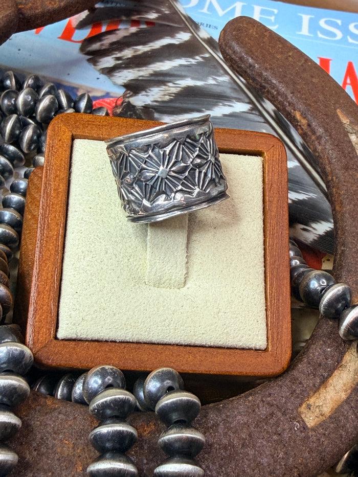 Delayne Reeves Handmade Navajo Sterling Silver Wide Band Ring Thunderbird size 7