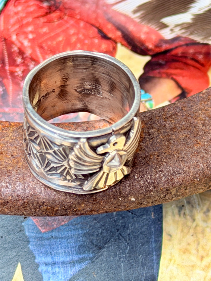 Delayne Reeves Handmade Navajo Sterling Silver Wide Band Ring Thunderbird size 7