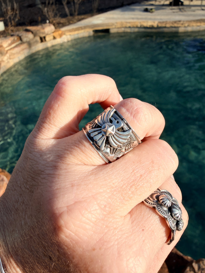 Delayne Reeves Handmade Navajo Sterling Silver Wide Band Ring Thunderbird size 7
